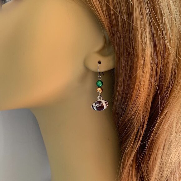 Football Dangle Earrings Green Gold Womens Girls Sports Jewelry Gifts Handmade - Picture 3 of 5